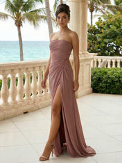 Dusty Rose Strapless Maxi Dresses with Slit A Line Evening Dress