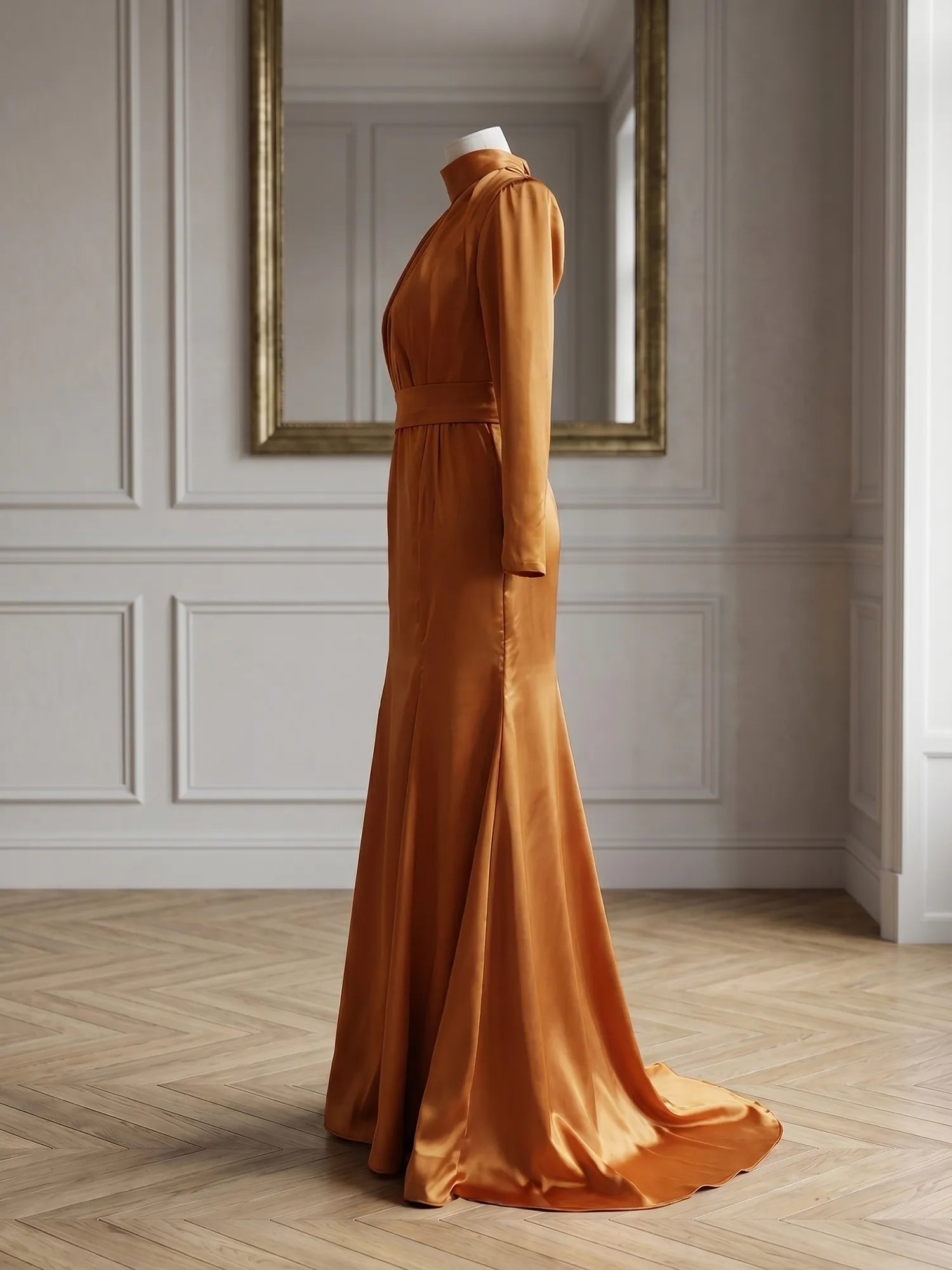 High Neck Long Sleeve Pleated Satin Mermaid Evening Gown with Belted Waist