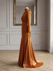 High Neck Long Sleeve Pleated Satin Mermaid Evening Gown with Belted Waist