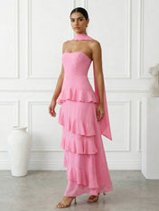 Hot Pink Strapless A Line Tiered Maxi Dresses with Scarf