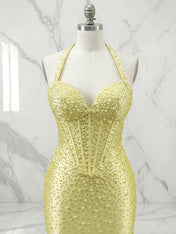Glamorous Yellow Pearl Beaded Corset Short Homecoming Dress