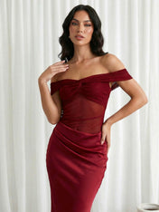 Burgundy Off the Shoulder Satin Mermaid Maxi Dresses