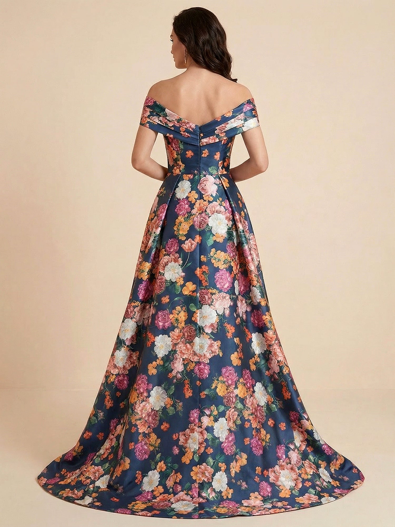 Off the Shoulder Print Floral Satin Mother of the Brides dress with Slit