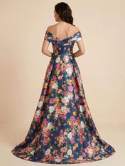Off the Shoulder Print Floral Satin Mother of the Brides dress with Slit