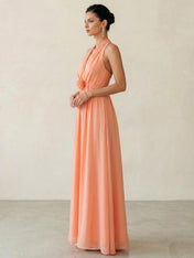 3D Floral Halter Neck Deep-V Chiffon Maxi Dress