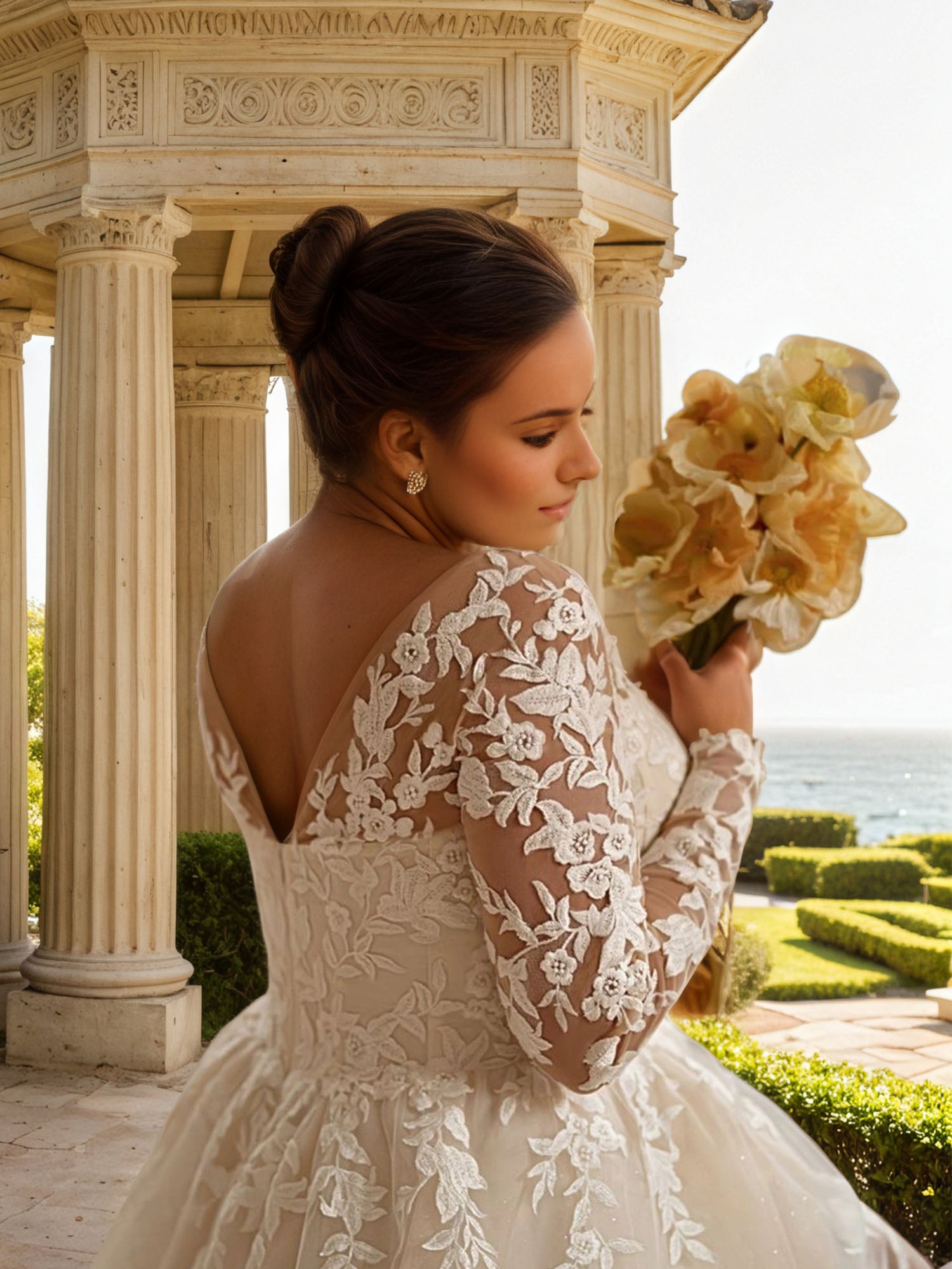 Long Sleeves Applique Wedding Dress V Neck White Bridal Gown Plus Size