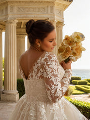 Long Sleeves Applique Wedding Dress V Neck White Bridal Gown Plus Size