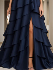 Formal Wedding Guest Dress Navy Strapless Sleeveless Maxi Tiered Dress
