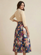 Champagne A-Line V Neck Satin Two-piece Print Floral Mother of the Brides dress