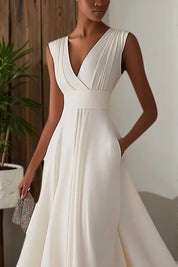 Evening Elegant Dress Sleeveless Deep V Neck Pleated Design Ball Gown Maxi Dress