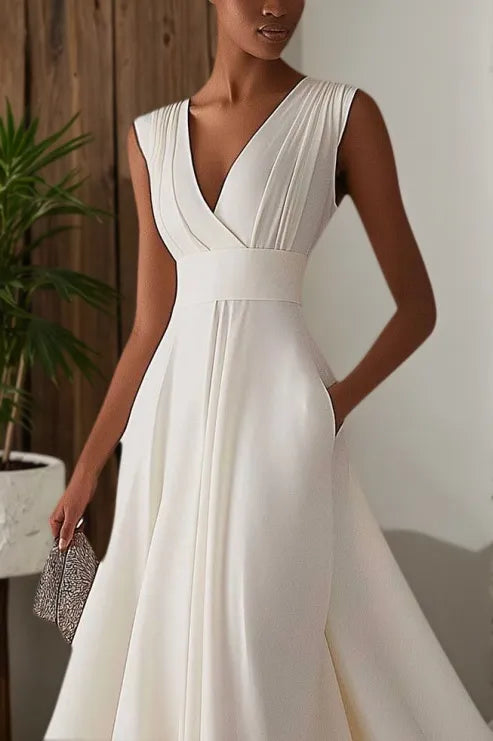 Evening Elegant Dress Sleeveless Deep V Neck Pleated Design Ball Gown Maxi Dress