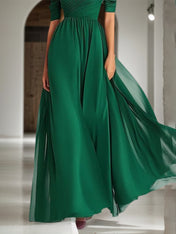 Formal Evening Gown Dark Green Off-The-Shoulder Chiffon Short Sleeve Maxi Dress
