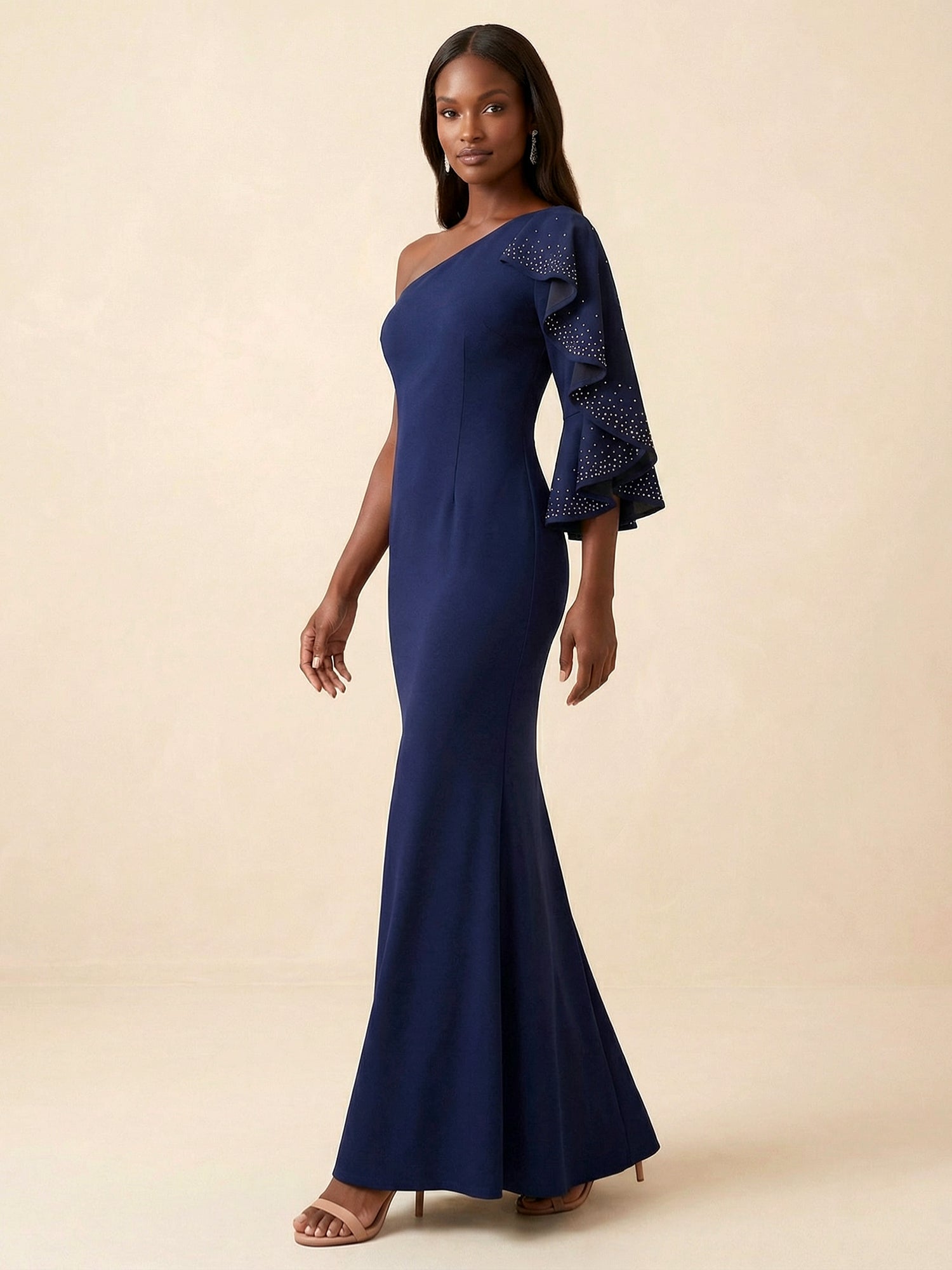 Navy Blue One-Shoulder Mermaid Gown with Sequin Ruffle Sleeve