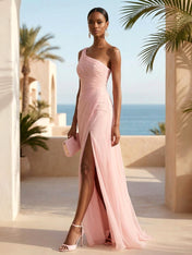 Pink One Shoulder A Line Pleat Maxi Dresses with Slit