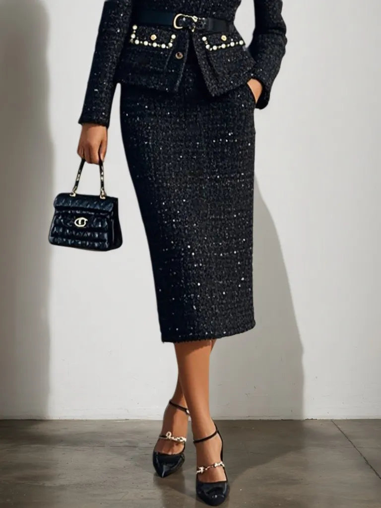Women Black Tweed Beaded Crew Neck Long Sleeve Coat With Skirt Two-Piece Set