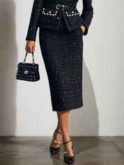 Women Black Tweed Beaded Crew Neck Long Sleeve Coat With Skirt Two-Piece Set