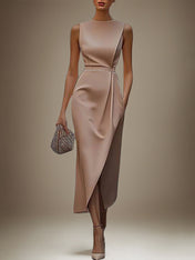 Wedding Guest Dress Round Neck Sleeveless Asymmetrical Length Dress With Pocket