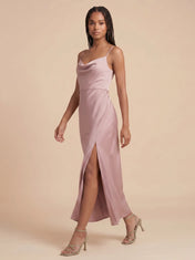 Cowl Neck Satin Midi Bridesmaid Dress with Adjustable Straps and Side Slit