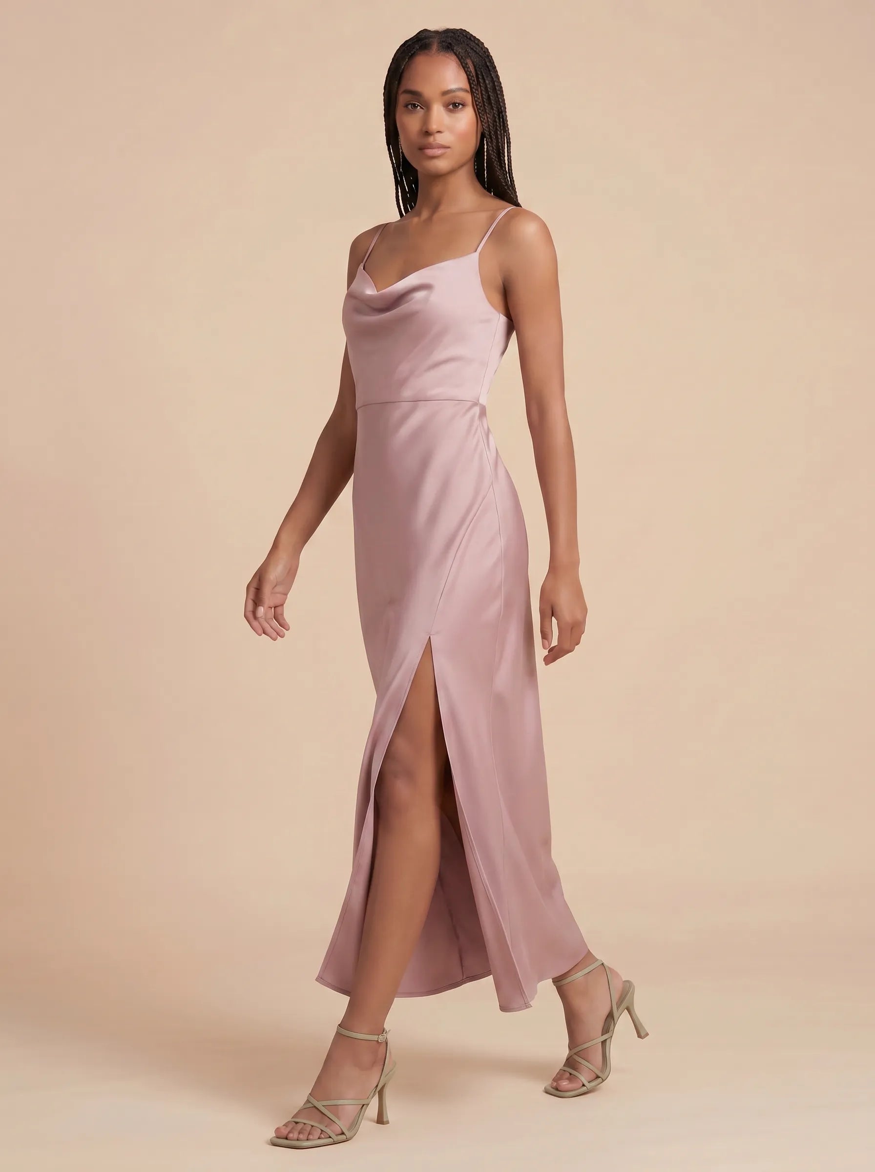 Cowl Neck Satin Midi Bridesmaid Dress with Adjustable Straps and Side Slit