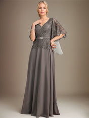 A-line V-Neck Floor-Length Chiffon Lace Mother of the Bride Dress With Crystal Brooch Rhinestone