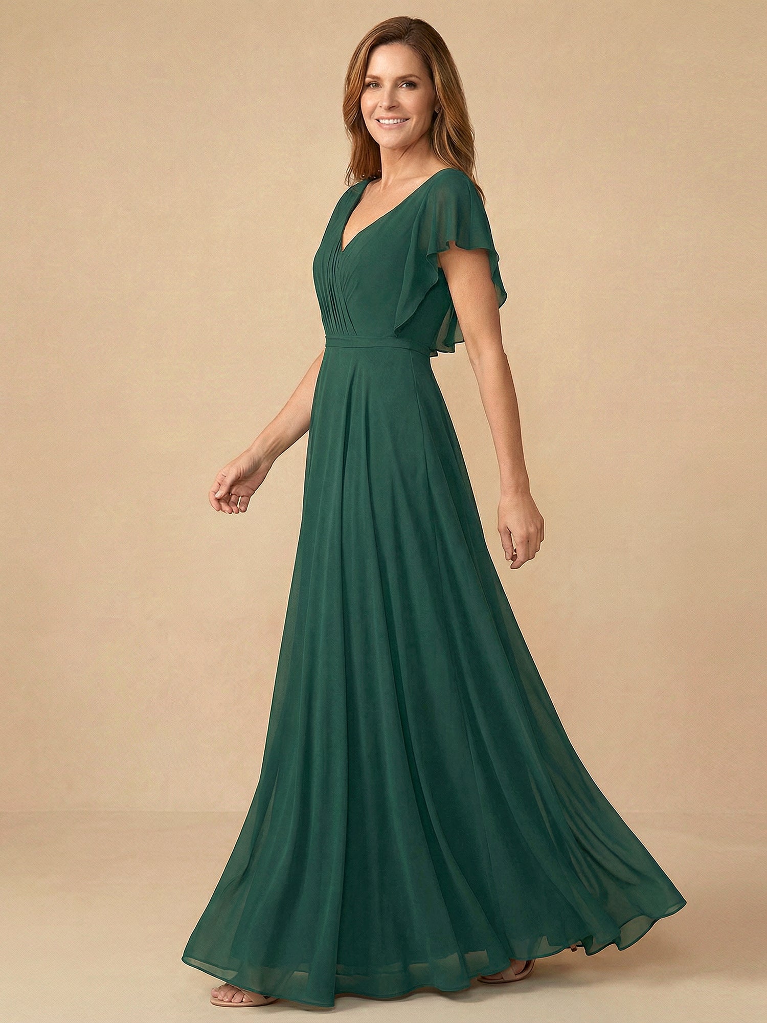 Flare Sleeves V Neck Ruffle Chiffon Mother of the Bride Dress with Pleat