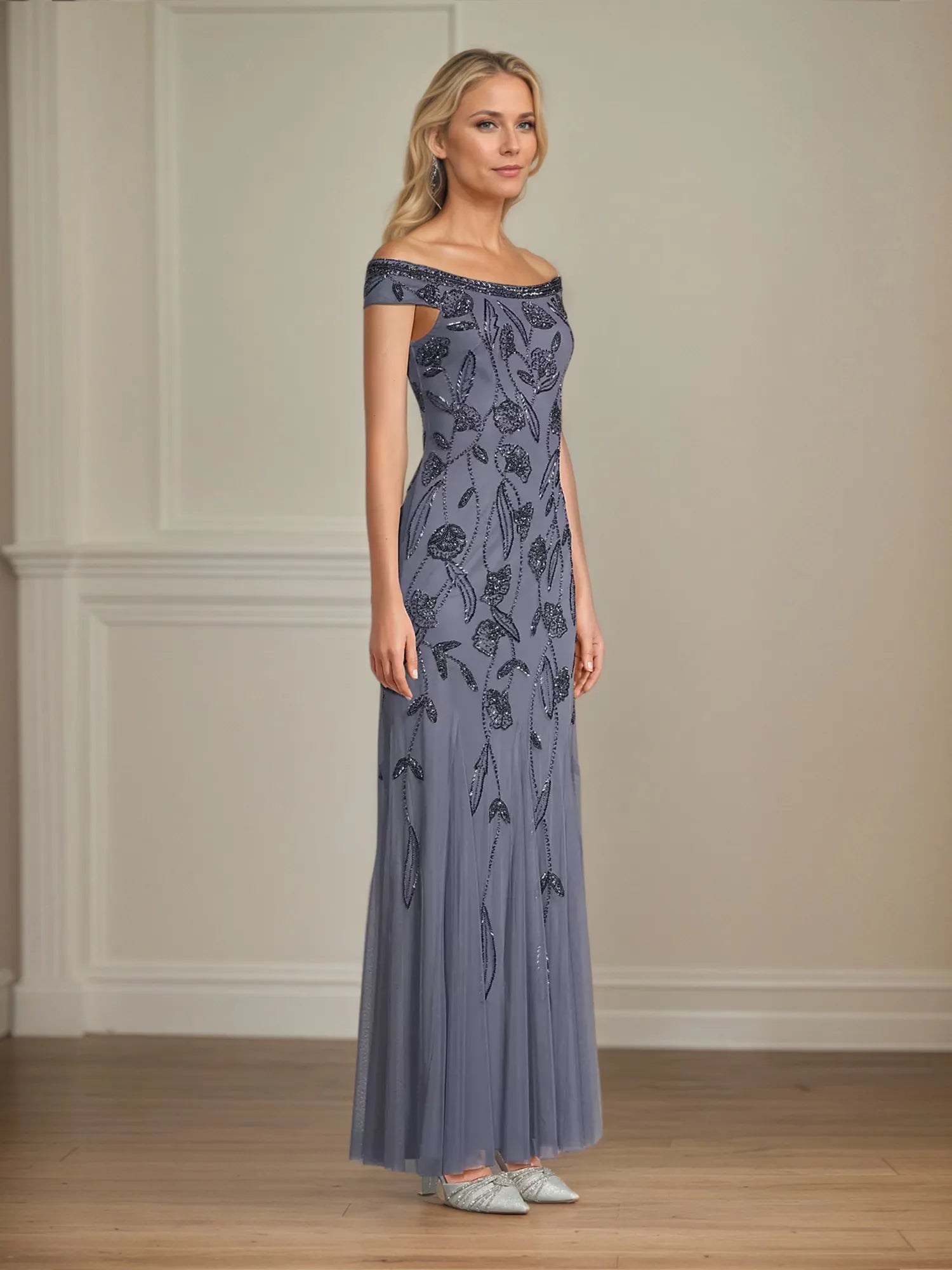 Sheath/Column Off The Shoulder Floor Length Tulle Mother of the Bride Dress With Beading