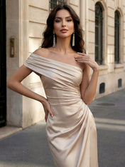 Champagne Off-Shoulder Ruched Satin Midi Dress Asymmetrical Slit Evening Gown
