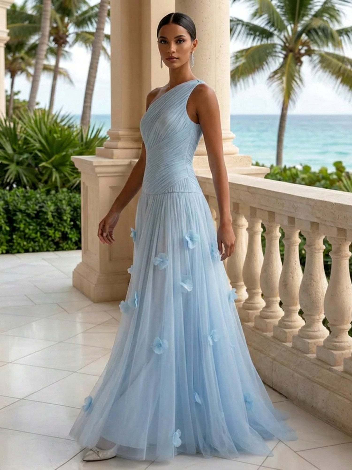 Light Blue Evening Dress with 3D Flower One Shoulder Pleat Maxi Dress