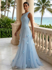 Light Blue Evening Dress with 3D Flower One Shoulder Pleat Maxi Dress