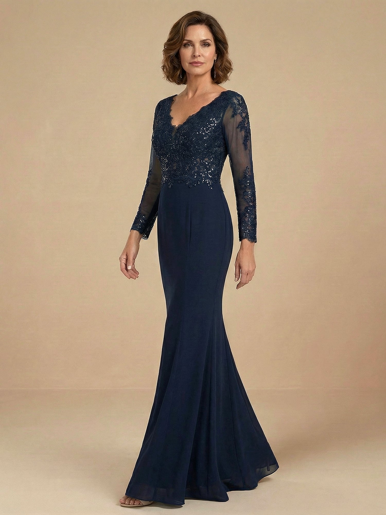 Long Sleeves V Neck Mermaid Sparky Sequins Mother of the Brides Dress for Women