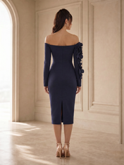 Off-the-Shoulder Navy Blue Crepe Evening Dresses with 3D Floral Applique Sleeve