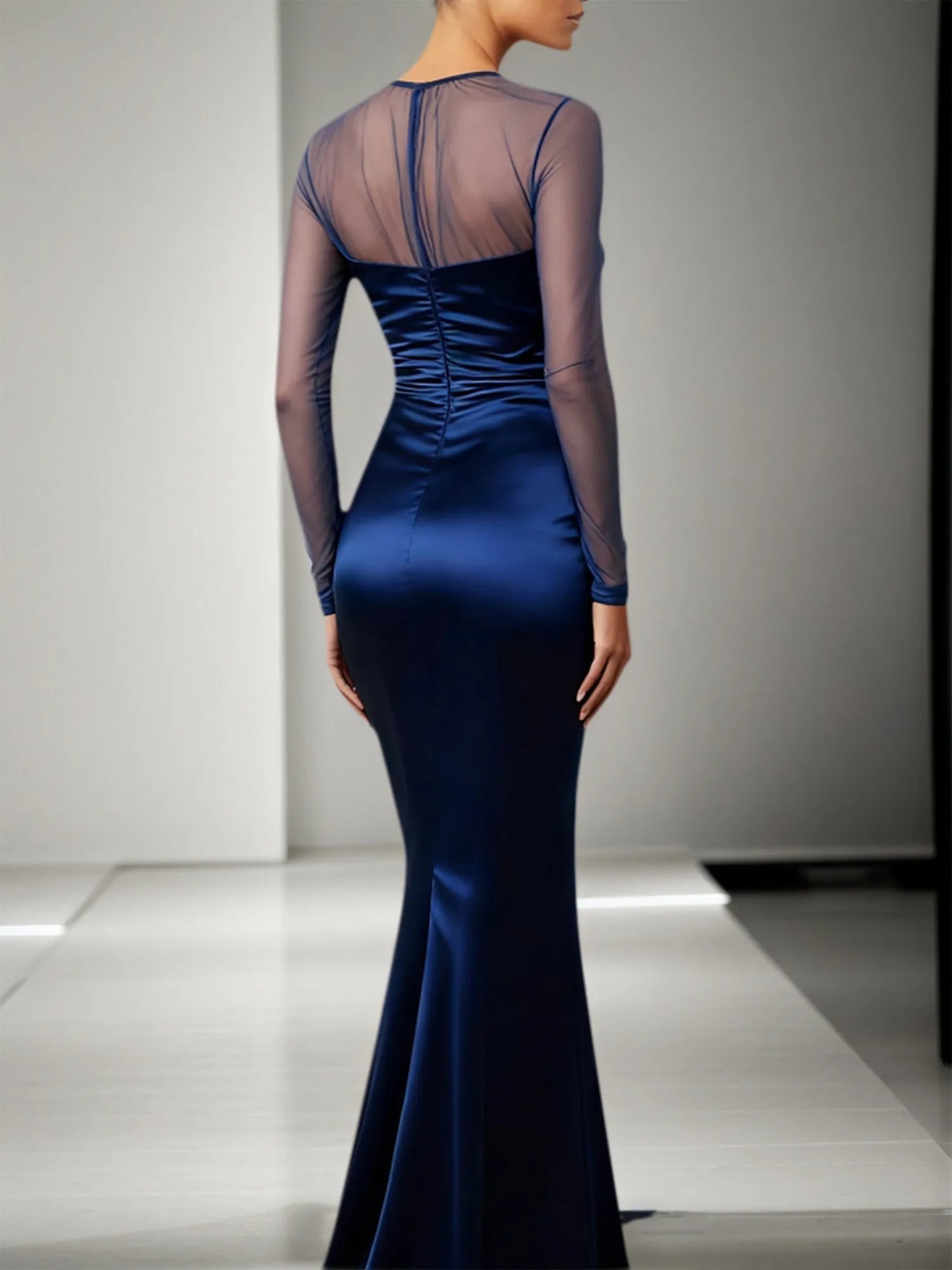 Navy Formal Dress Mermaid Sheer Sleeve Satin Maxi Dress