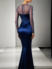 Navy Formal Dress Mermaid Sheer Sleeve Satin Maxi Dress