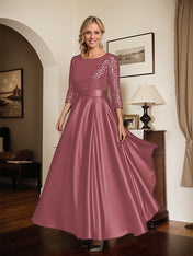 Sparkly Navy Scoop Neck Satin Mother of the Bride Dress with Sequins