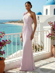 Purple One Shoulder Mermaid Pleat Maxi Dress with Flower