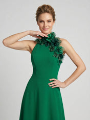 Halter Neck A-Line Chiffon Mother of the Bride Dress with 3D Floral Neckline Adornment
