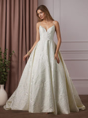 White V-Neck Ball-Gown with Pockets Floral Jacquard Wedding Dress