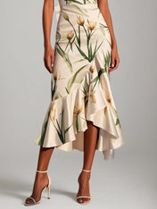Off White V Neck Floral Mermaid Midi Satin Dress