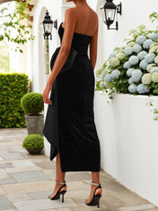 Black Bow Strapless Velvet Sheath Midi Dress