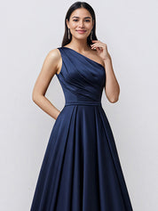 Navy A Line One Shoulder Satin Long Formal Eveing Dress with Pocket