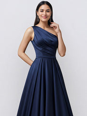 Navy A Line One Shoulder Satin Long Formal Eveing Dress with Pocket