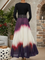 Women Ombre Black Long Sleeve A-line Pleated Two-Piece Set