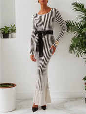 White Striped Sheath/Column Maxi Wool Sweater Dress With Belt