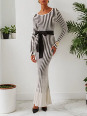 White Striped Sheath/Column Maxi Wool Sweater Dress With Belt