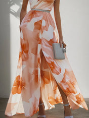 Orange Multicolor Floral Rhinestone Slit Chiffon One Shoulder Sleeveless A-Line Maxi Dress