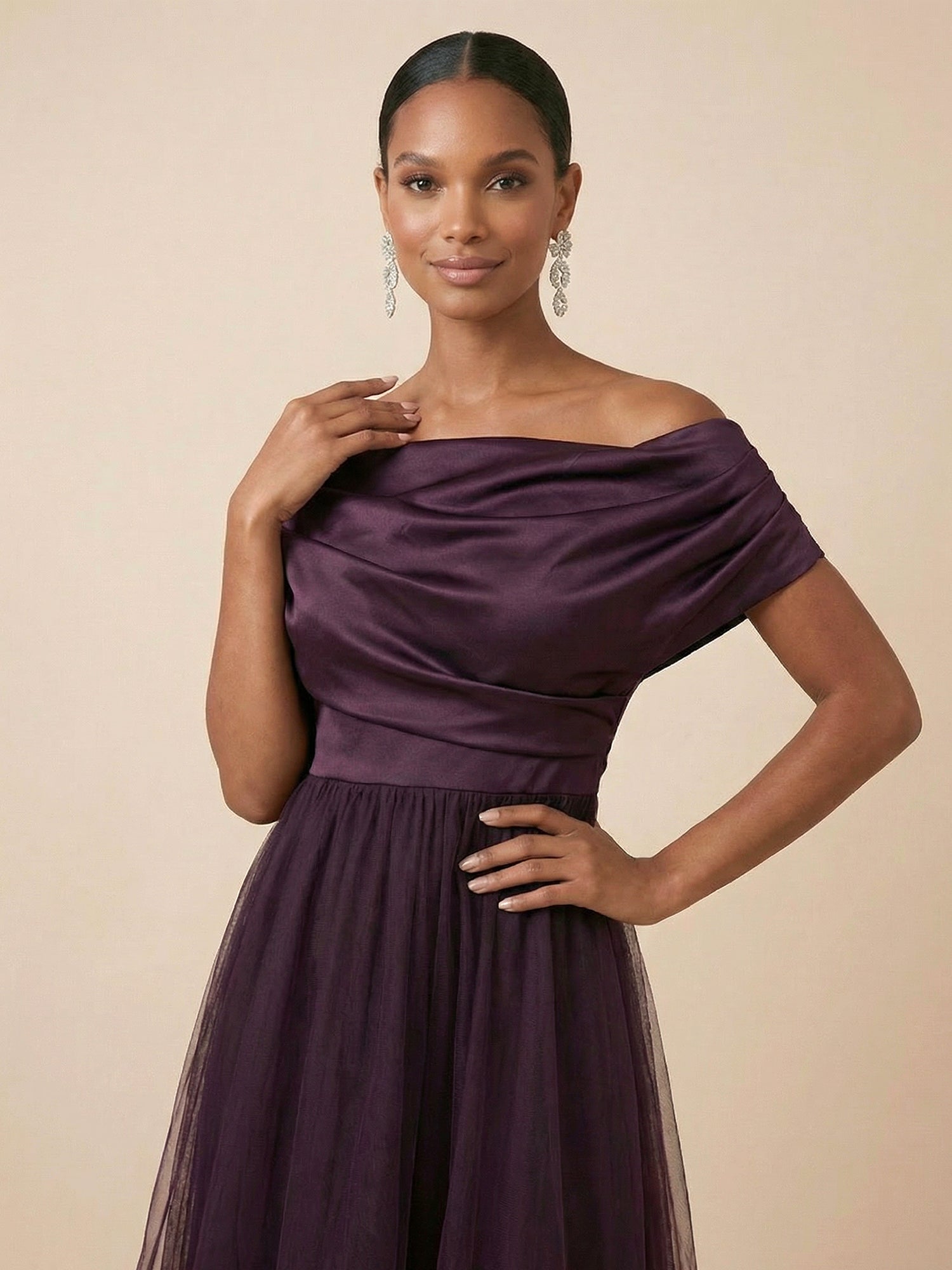 Plum Tulle Off-Shoulder Evening Dress with High-Low Hemline
