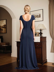 Navy Square Neck Long Mother of the Bride Dress with Bowknot