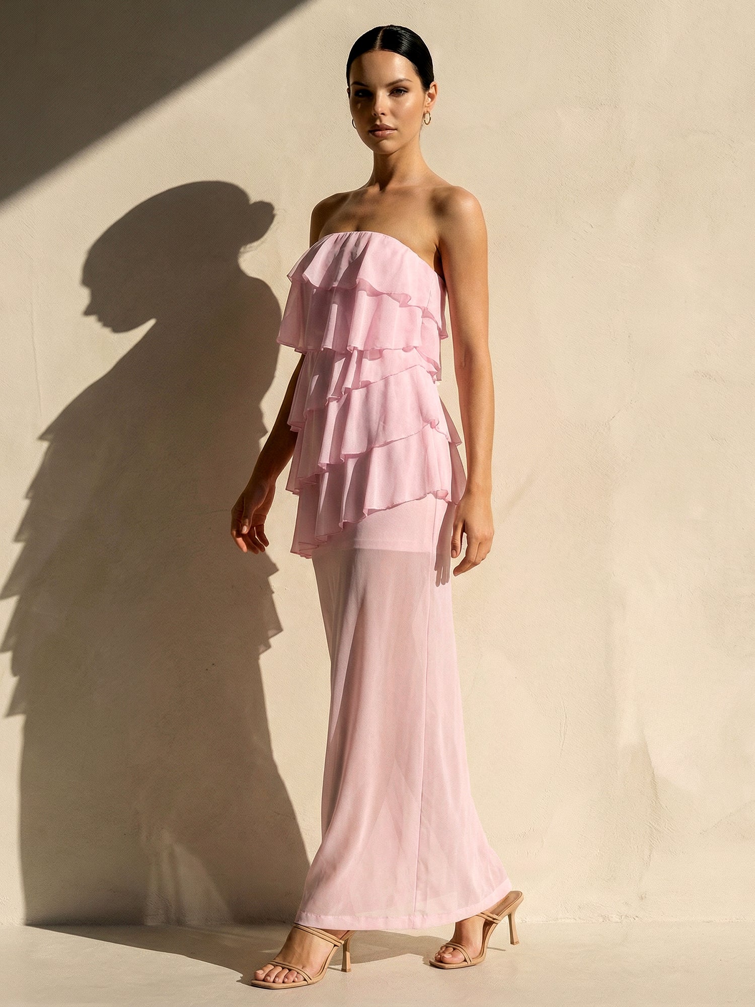 Pink Strapless Tiered Maxi Dresses for Women A Line Evening Dress