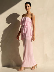 Pink Strapless Tiered Maxi Dresses for Women A Line Evening Dress