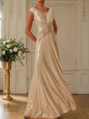 Golden Champagne Sequin Sleeveless Long A-line Gown Dress